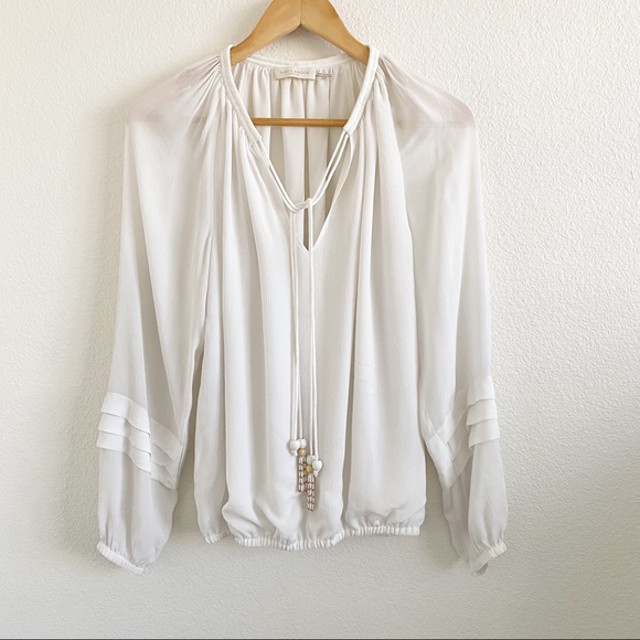 Ramy Brook White Silk Puff Sleeve Peasant Blouse Wooden Beaded Tassel XS - Picture 2 of 8
